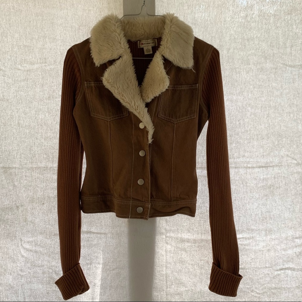 One step up brown denim/ knit jacket w/ fur trim